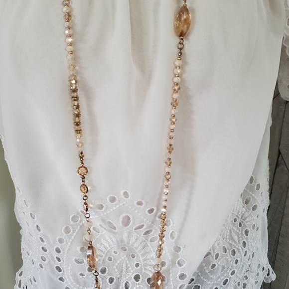 Long Beaded Necklace & Earring Set Natural Cream & Champagne Gold - Picture 7 of 8